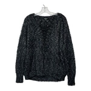 Express Women Black Fuzzy Metallic Lace Up V Neck Long Sleeve‎ Sweater Size S